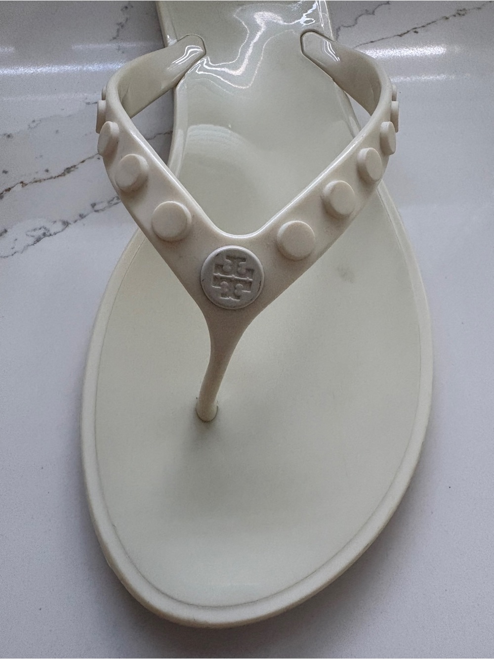 Tory Burch Cream Jelly Thong Sandals with Logo Medallion